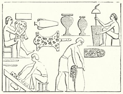 Oude Egyptische leerlooiers (gravure) door German School