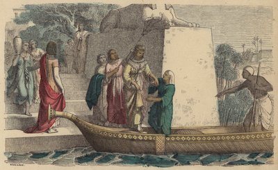 Oud-Egyptische vrouw van hoge rang maakt een boottocht (gekleurde gravure) door German School