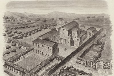 Oud-Grieks landhuis in Al-Barah, Syrië. Illustratie voor Bilder-Atlas (gravure) door German School