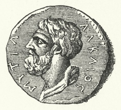 Oude munt met het hoofd van de Griekse dichter Alcaeus van Mytilene door German School