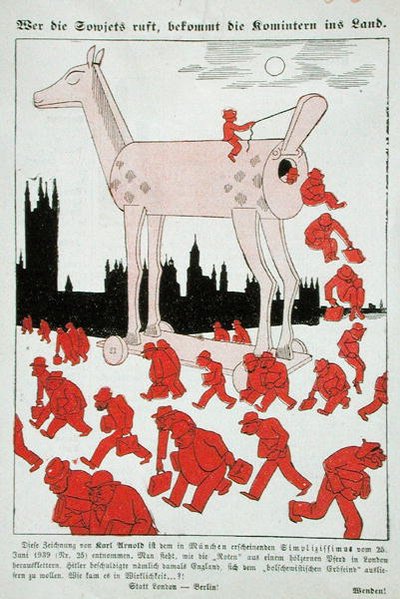 Anti-Bolsjewistische cartoon van het Derde Rijk die de Bolsjewieken toont die uit een Trojaans paard in Londen ontsnappen door German School