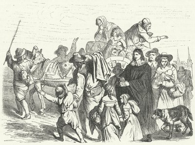 Aankomst van Franse Hugenoten-immigranten in Brandenburg na het uitvaardigen van het Edict van Potsdam door de Grote Keurvorst Frederik Willem in 1685 (gravure) door German School