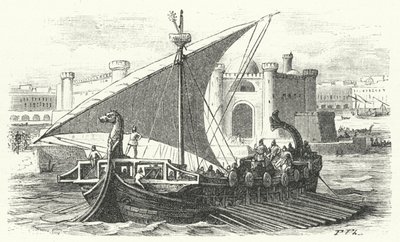 Aankomst van een Fenicisch koopvaardijschip in een haven (gravure) door German School