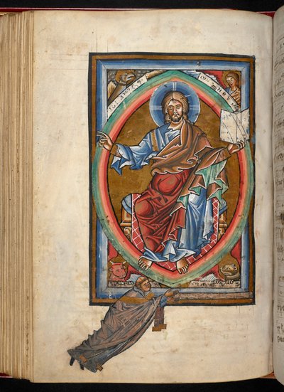 Christus zit op de troon in majesteit binnen een mandorla, omringd door de vier symbolen van de evangelisten, uit 