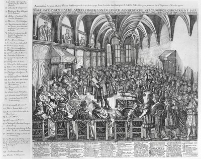 Vergadering van de meest illustere prinsen van Duitsland, in de bisschopshal, Augsburg, in aanwezigheid van Karel V op 25 juni 1530 door German School