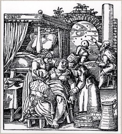 Astrologen maken een horoscoop voor het kind dat wordt geboren bij een vrouw in een geboortestoel, uit De Conceptu et Generatione Hominis door Jacob Rueff, gepubliceerd in Frankfurt, 1587 door German School