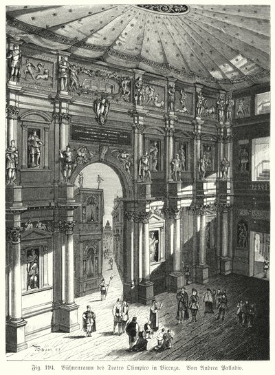 Auditorium en podium van het Teatro Olimpico, Piacenza, Italië, ontworpen door Andrea Palladio (gravure) door German School