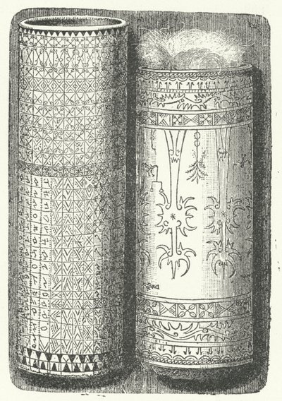 Bamboestokken uit Sumatra versierd met Rejang-schrift (gravure) door German School