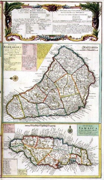 Barbados en Jamaica, detail van een kaart van Engelse koloniën in het Caribisch gebied, uitgegeven door Homanns erfgenamen, Neurenberg, ca. 1750 (detail) door German School
