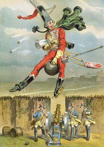 Baron Munchausen vliegend over de vijandelijke linies op een kanonskogel, illustratie uit een Duitse editie van De Avonturen van Baron Munchausen door German School