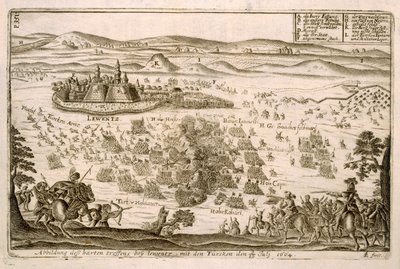 Slag bij de Stad Levice in 1664, illustratie uit een boek over de Ottomaanse campagnes in Europa, gegraveerd door Paul Furst (ca. 1605-66) door German School
