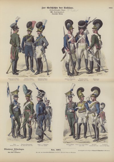 Beierse militaire uniformen, begin 19e eeuw (gekleurde gravure) door German School