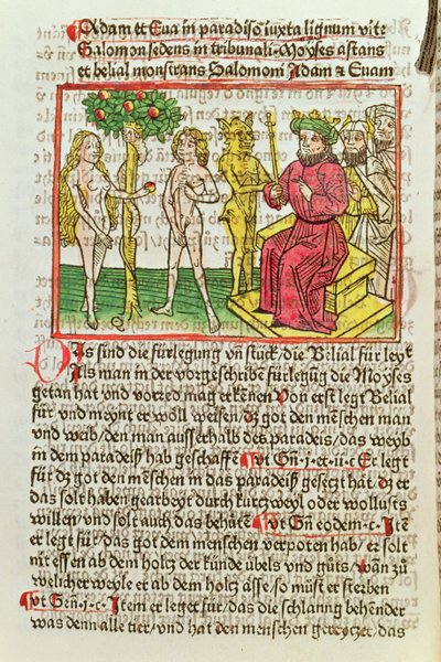 Belial presenteert Adam en Eva aan Salomo, illustratie uit een Duitse vertaling van Das Buch Belial, 1473 (gekleurde houtsnede) door German School