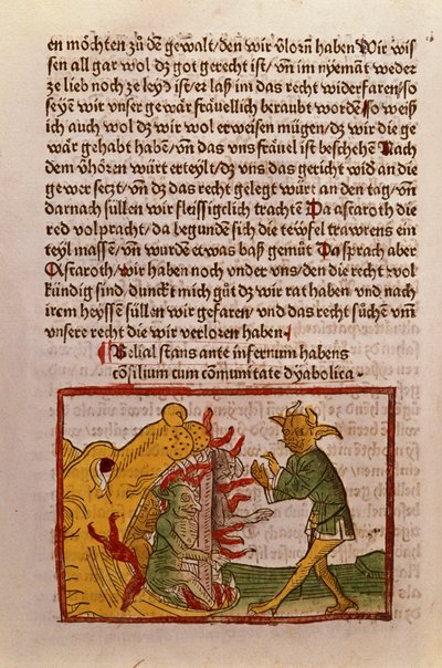Belial bij de poorten van de hel, illustratie uit een Duitse vertaling van Das Buch Belial, 1473 door German School