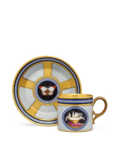 Berlijn faux pietra dura en micromozaïek koffiekop en schotel, c.1810-15 (keramiek) door German School