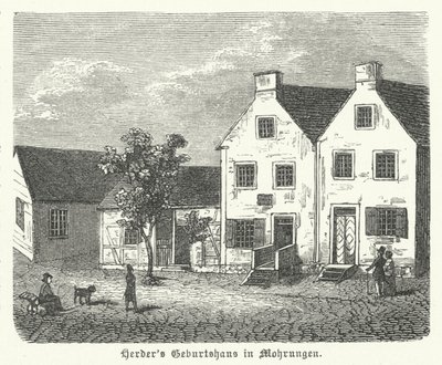 Geboorteplaats van de Duitse auteur, filosoof en Lutherse theoloog Johann Gottfried von Herder, Mohrungen (gravure) door German School
