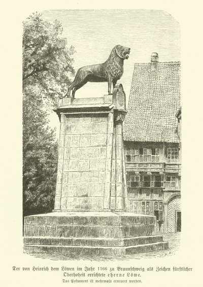 Bronzen leeuw opgericht door Hendrik de Leeuw in Braunschweig in 1166 (gravure) door German School