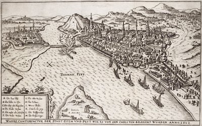 Buda en Pest Belegerd door de Christenen in 1602, illustratie uit een boek over de Ottomaanse campagnes in Europa, gegraveerd door Paul Furst (ca. 1605-66) door German School