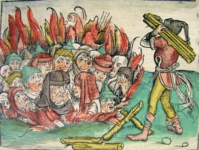 Verbranding van de Joden, gepubliceerd in de Neurenberg Kroniek, 1493 door German School