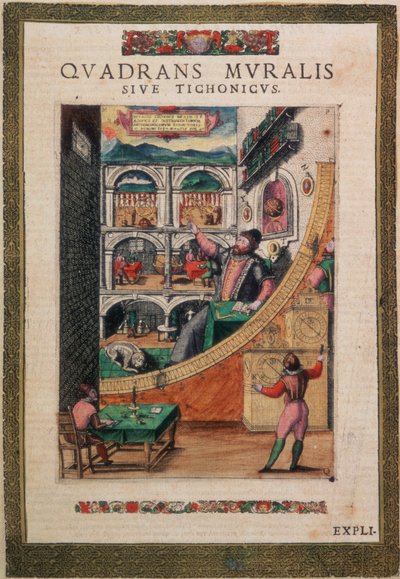 De astronoom Tycho Brahe, 40 jaar oud, in 1587, tussen zijn astronomische instrumenten, uit 