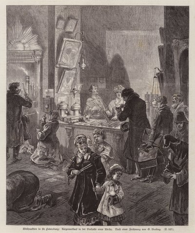 Kaarsen te koop in de vestibule van een kerk in Sint-Petersburg, Rusland, met Kerstmis (gravure) door German School