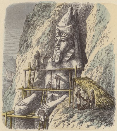 Een standbeeld van een oude Egyptische farao uit een rotswand kappen (gekleurde gravure) door German School