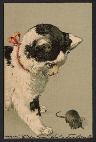 Kat speelt met muis (kleurenlitho) door German School