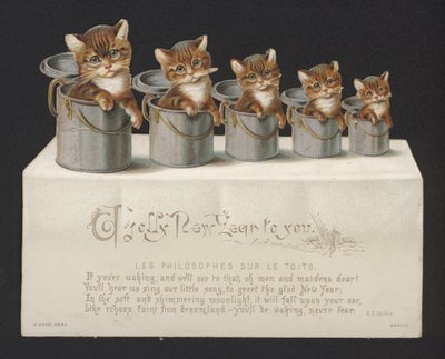 Katten in emmers, nieuwjaarskaart (chromolitho) door German School