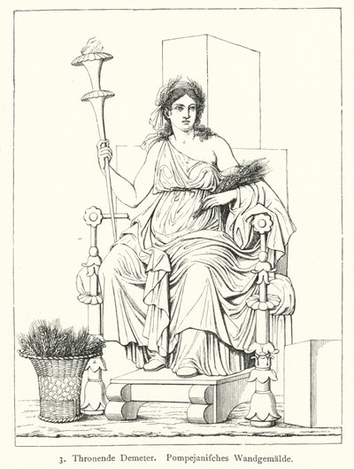 Ceres, Romeinse godin van de oogst, op de troon, muurschildering uit Pompeii (gravure) door German School