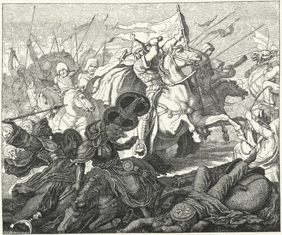 Karel Martel bij de Slag bij Poitiers, 732 (gravure) door German School