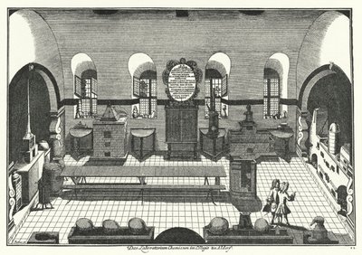 Chemisch laboratorium aan de Universiteit van Altdorf (gravure) door German School