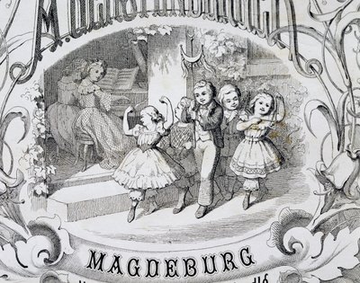 Kinderdansscène, detail van titelpagina van verzameling muziek en dansen voor kinderen gepubliceerd in Maagdenburg, Duitsland door German School