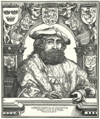 Christiaan II, Koning van Denemarken, Noorwegen en Zweden (gravure) door German School