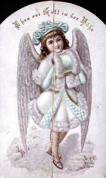 Kerstkaart van een engel met een mof, Duits, ca. 1880 door German School