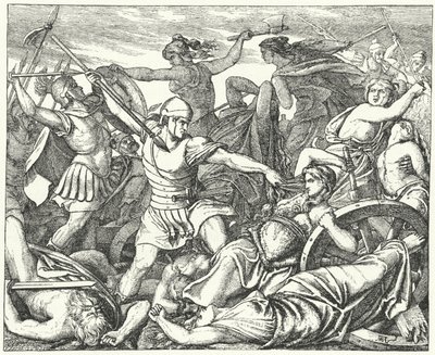 Cimbrian vrouwen verdedigen hun bagagetrein tegen aanvallende Romeinse soldaten, eind 2e eeuw na Christus (gravure) door German School