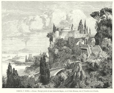Kustlijn van de Baai van Napels vanuit de oude Romeinse stad Baiae, Kaap Miseno, met Vesuvius in de verte door German School