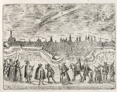 Komeet gezien boven Augsburg eind november 1618, uit Cometen Historia, uitgegeven 1618 door German School