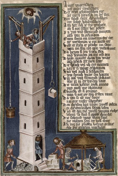 Bouw van de Toren van Babel, kopie van een 15e-eeuws manuscript door German School