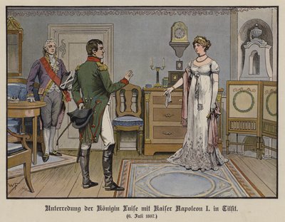 Gesprek tussen koningin Louise van Pruisen en keizer Napoleon I in Tilsit, 6 juli 1807 (kleur litho) door German School
