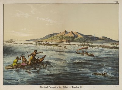 Koraalrif bij Puynipet eiland (Pohnpei), Caroline-eilanden (kleur litho) door German School