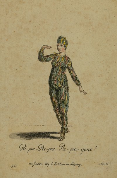 Kostuumontwerp voor de rol van Papageno in de opera De Toverfluit door Wolfgang Amadeus Mozart, gepubliceerd in Leipzig door I. B. Klein, 1793 door German School