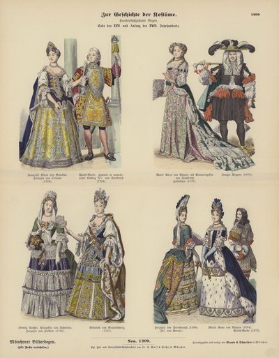 Kostuums van royalty en adel, laat 17e en vroeg 18e eeuw (gekleurde gravure) door German School