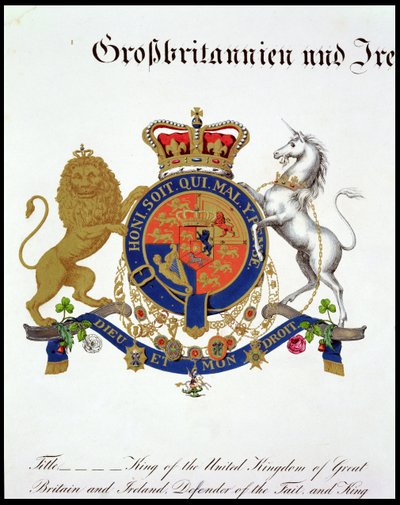 Wapen van de Koning van het Verenigd Koninkrijk van Groot-Brittannië en Ierland, Verdediger van het Geloof en Koning van Hannover (ca. 1801-37) door German School