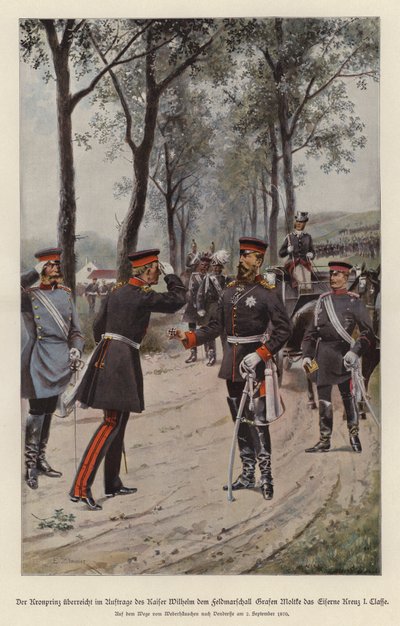 Kroonprins Frederik van Duitsland reikt veldmaarschalk Helmuth von Moltke het IJzeren Kruis uit namens zijn vader, keizer Wilhelm I door German School