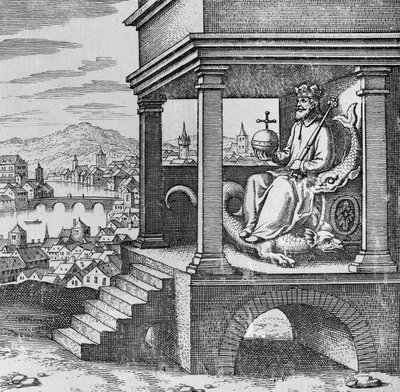 Gekroonde koning op troon uit Musaeum Hermeticum door German School