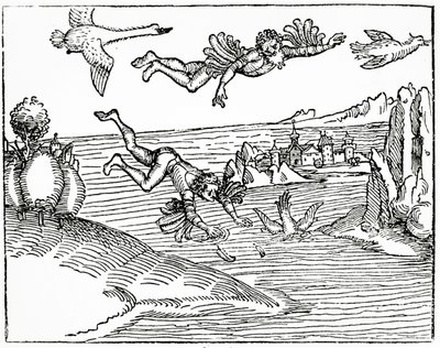 Daedalus, ontsnapt uit Kreta met zijn zoon, Icarus, ziet hem vallen naar zijn dood, 1493 door German School