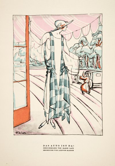 "Das Auto Ist Da!", reclame voor jurk van Marie Latz, uit Styl, pub.1922 (pochoirprint) door German School