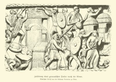 Vernietiging van een Germaans dorp door Romeinse soldaten (gravure) door German School