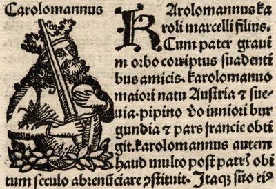 Detail van een originele incunabelblad, met afbeelding van Karel de Grote (742-814) voor 1500 door German School