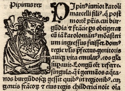 Detail van een originele incunabelblad, met afbeelding van Pepijn I (803-38) voor 1500 door German School
